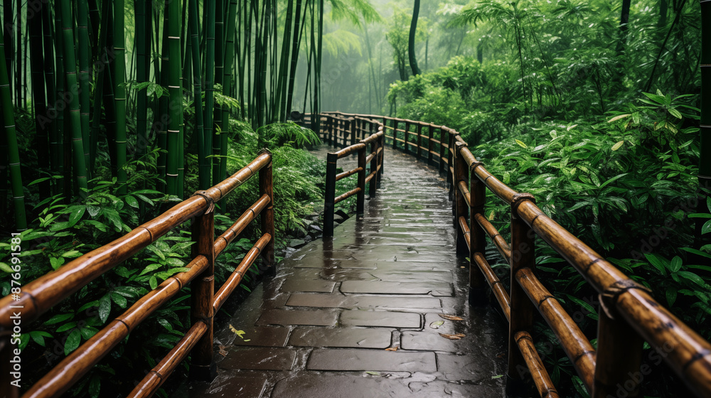 Obraz premium Tranquil Tapestry: Sunlight, Mist, and Bamboo in the Shunan Forest