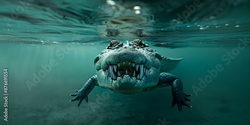 Menacing large crocodile with razor-sharp teeth lurking beneath the surface in a swamp. Concept Crocodile, Swamp, Menacing, Razor-sharp Teeth, Lurking