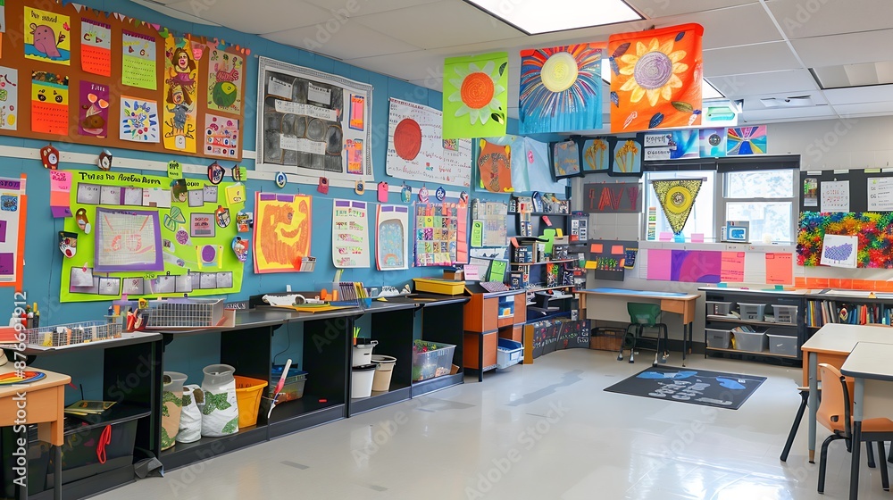 A classroom bulletin board decorated with student projects A classroom bulletin board decorated with student projects