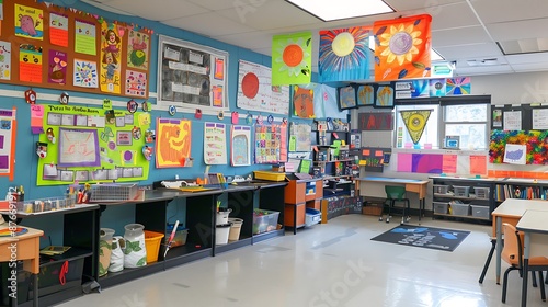 A classroom bulletin board decorated with student projects