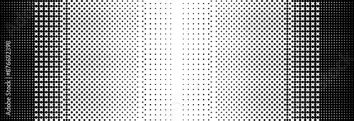 Pixelated bitmap gradient texture. Black and white dither pattern background. 8 bit video game screen wallpaper. Retro glitchy pixel art illustration. Abstract vector wide dithering border
