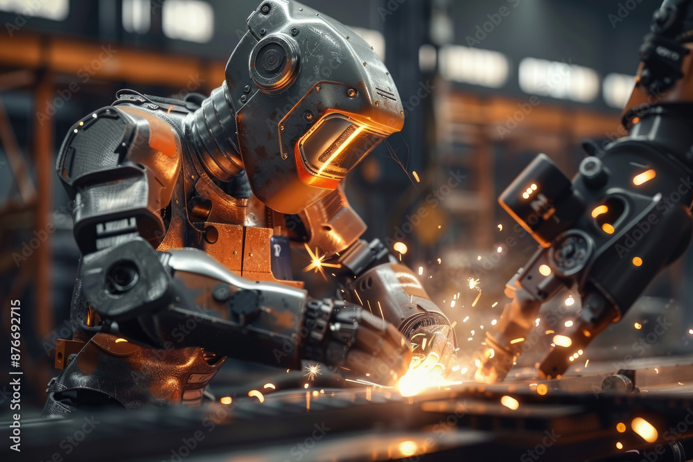 The humanoid robot is welding in the workshop The humanoid robot is welding in the workshop