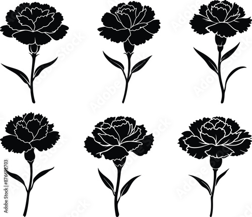 Set of decorative carnation silhouettes isolated on white