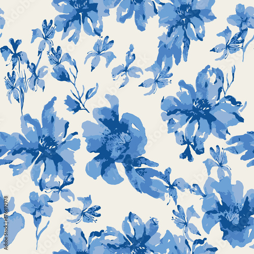 Fototapeta Naklejka Na Ścianę i Meble -  Blue watercolor floral seamless pattern in a la prima style, watercolor roses - flowers, twigs, leaves, buds. Hand-painted vintage floral illustration isolated on a white background