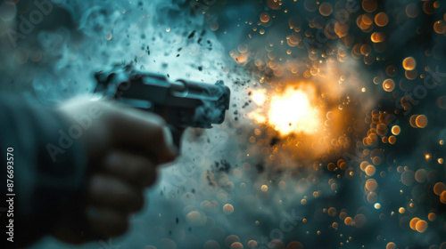 Close-up of a handgun being fired, creating a dramatic explosion of sparks and smoke in the background.