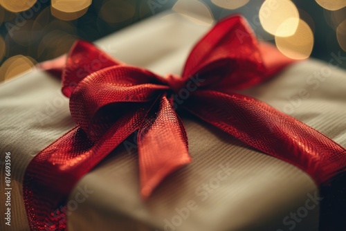 Beautifully wrapped gift with red ribbon, set against a background of warm, festive lights. Perfect for celebrations. AIG62 photo