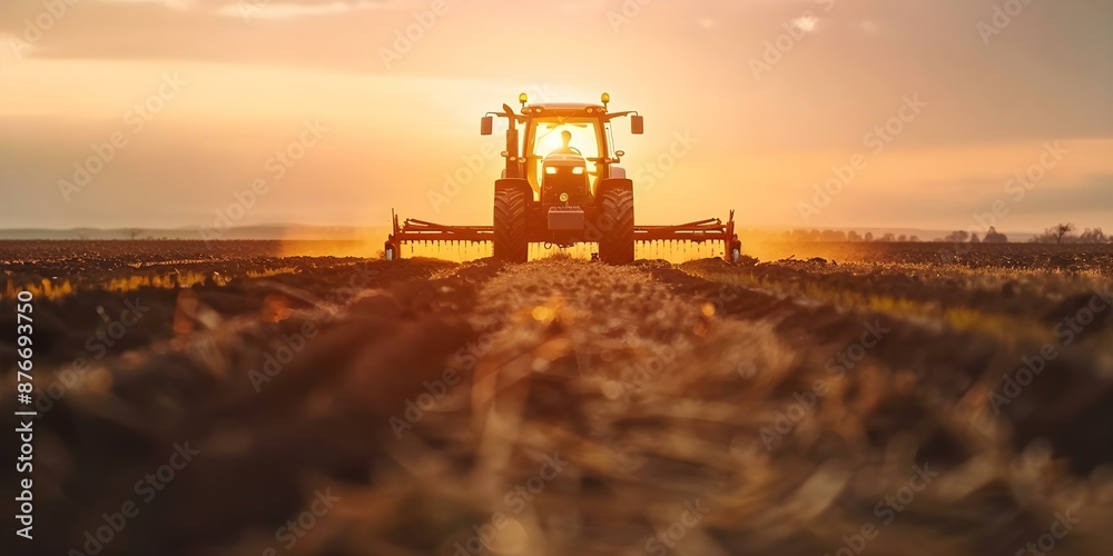 Fototapeta premium Tractor plowing field at sunset for sowing seeds. Concept Agriculture, Farming, Tractor, Sunset, Sowing Seeds