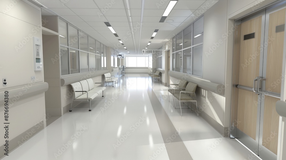 Modern Hospital Corridor, Bright Patient Rooms and Waiting Areas Modern Hospital Corridor, Bright Patient Rooms and Waiting Areas