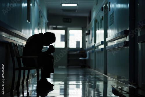 Hospital Vigil, Silhouette of Man in Tense Hospital Hallway Outside Operating Room photo