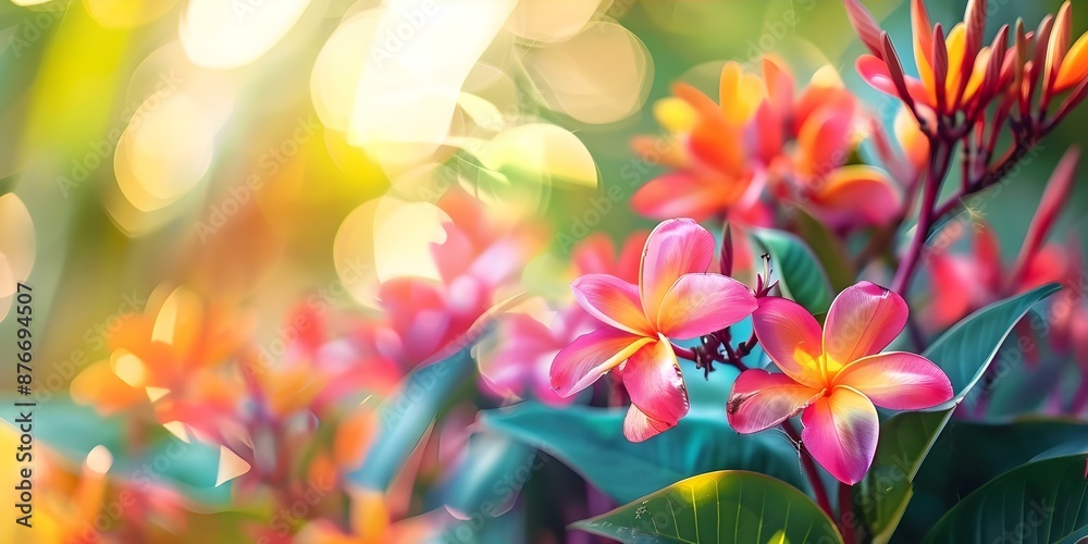 Fototapeta premium Attracting Pollinators with Sweet Fragrance Vibrant Tropical Flowers in Colorful Paradise. Concept Garden, Pollinators, Flowers, Fragrance, Tropical