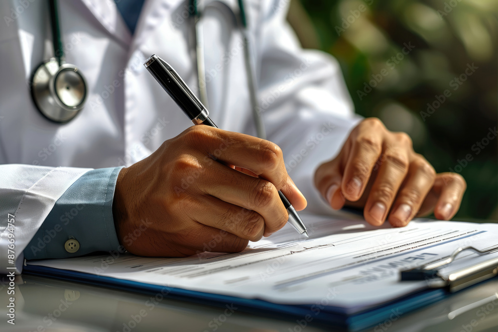 The doctor is writing a diagnosis report The doctor is writing a diagnosis report