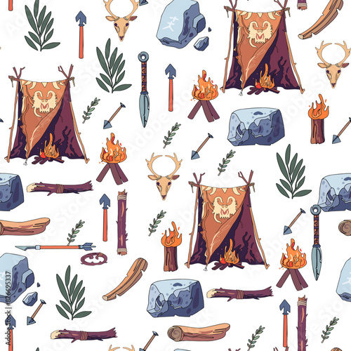 Ancient Survival Gear Pattern: A depiction of primitive human weapons including a stone club, a stone club, a spear, a torch, a hammer, an ax, and skull and tooth bead ornaments. Seamless illustration