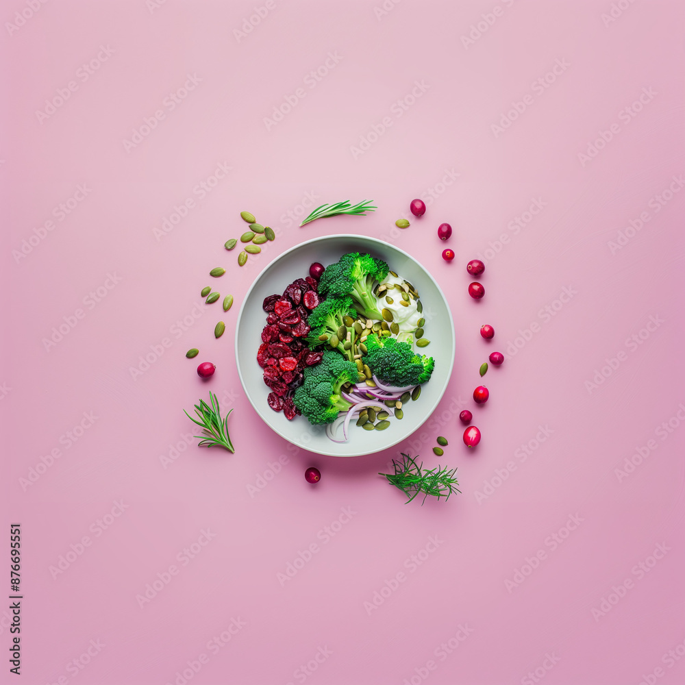 Still life photo featuring broccoli florets, dried cranberries, sunflower seeds, red onion, and Greek yogurt dressing with a clean, minimal soft pastel color palette. Copy space. Clean composition. Still life photo featuring broccoli florets, dried cranberries, sunflower seeds, red onion, and Greek yogurt dressing with a clean, minimal soft pastel color palette. Copy space. Clean composition.