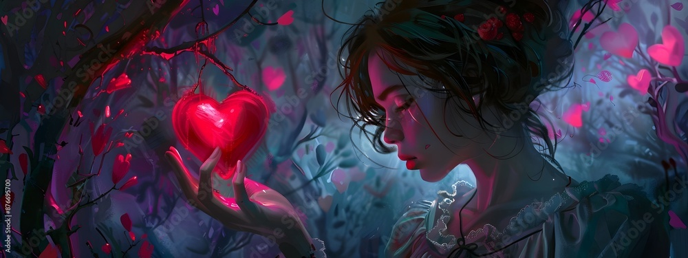 Glowing Heart Floating in Enchanted Fantasy Forest Landscape