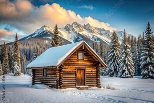 Rustic cabin in snowy landscape, landscape, rustic, cabin, isolated