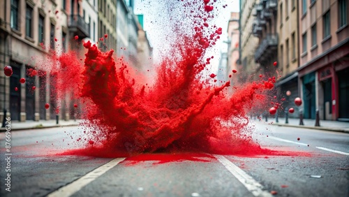 description vibrant red splatter spreads across the white background, isolated on street set, evoking sense of dynamic energy., art, energy, color, background photo