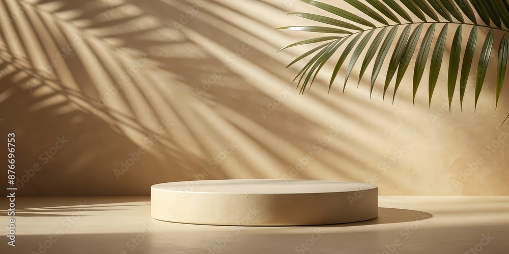Sandstone podium for luxury product placement with palm leaf shadow in background, sandstone, podium, luxury Sandstone podium for luxury product placement with palm leaf shadow in background, sandstone, podium, luxury