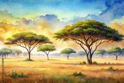 trees and meadow in the savannah watercolor art background, background, savannah © wasan