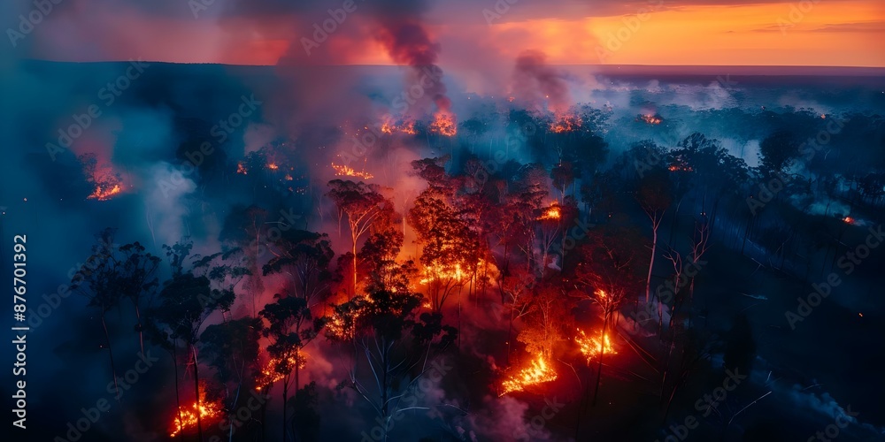 Impact of Climate Change Aerial View of Forest Fire at Dusk Burning Trees. Concept Climate Change, Aerial Photography, Forest Fire, Dusk, Burning Trees Impact of Climate Change Aerial View of Forest Fire at Dusk Burning Trees. Concept Climate Change, Aerial Photography, Forest Fire, Dusk, Burning Trees