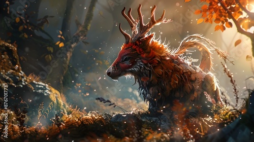 Mystical Fiery Horned Dragon Soaring Through Autumn Forest Landscape