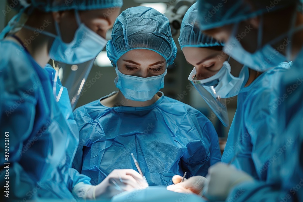 Medical team performing a surgical procedure in an operating room, demonstrating teamwork and precision under sterile conditions. Medical team performing a surgical procedure in an operating room, demonstrating teamwork and precision under sterile conditions.