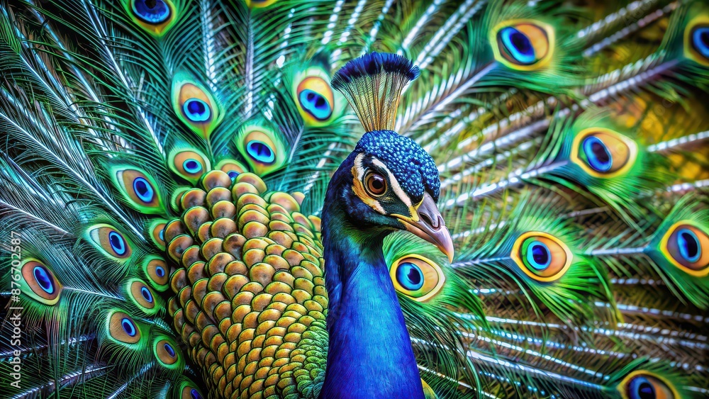 Obraz premium Detailed of a vibrant peacock with intricate feather patterns and colors, Peacock, bird, colorful, feathers, detailed, vibrant