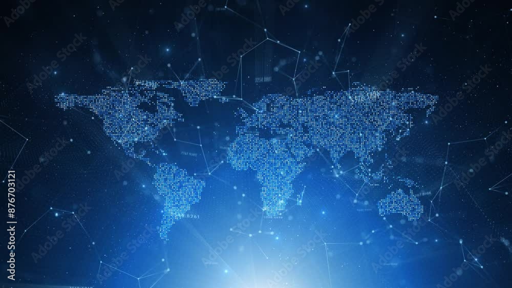Digital world map with lines dots connections animation background.