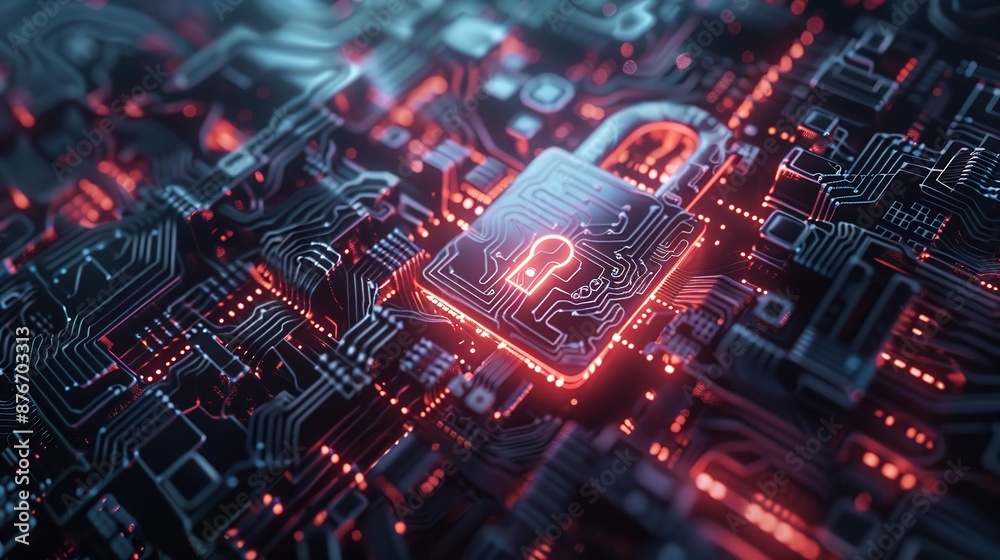 Obraz premium Cybersecurity concept with a digital lock integrated into a network