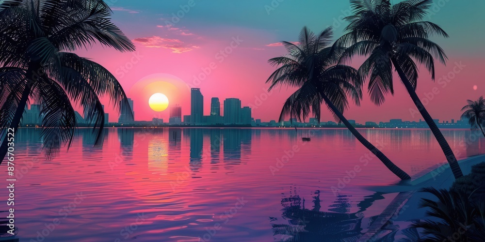 Obraz premium Retro Miami Vice Sunset. 80s Miami Vice inspired retro background