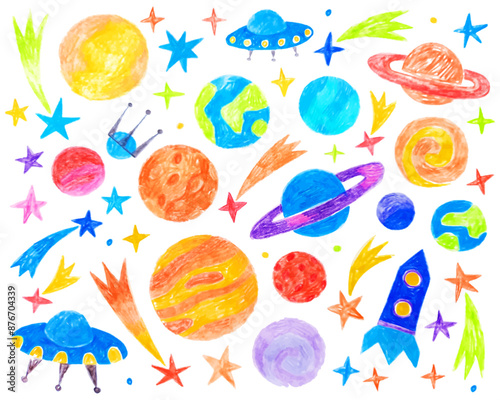 Space, planets and stars, rocket and UFO. Doodle drawing by hand with colored pencils. Drawings with crayon. Cute children's drawings. Solar system. Colorful hand drawn elements.