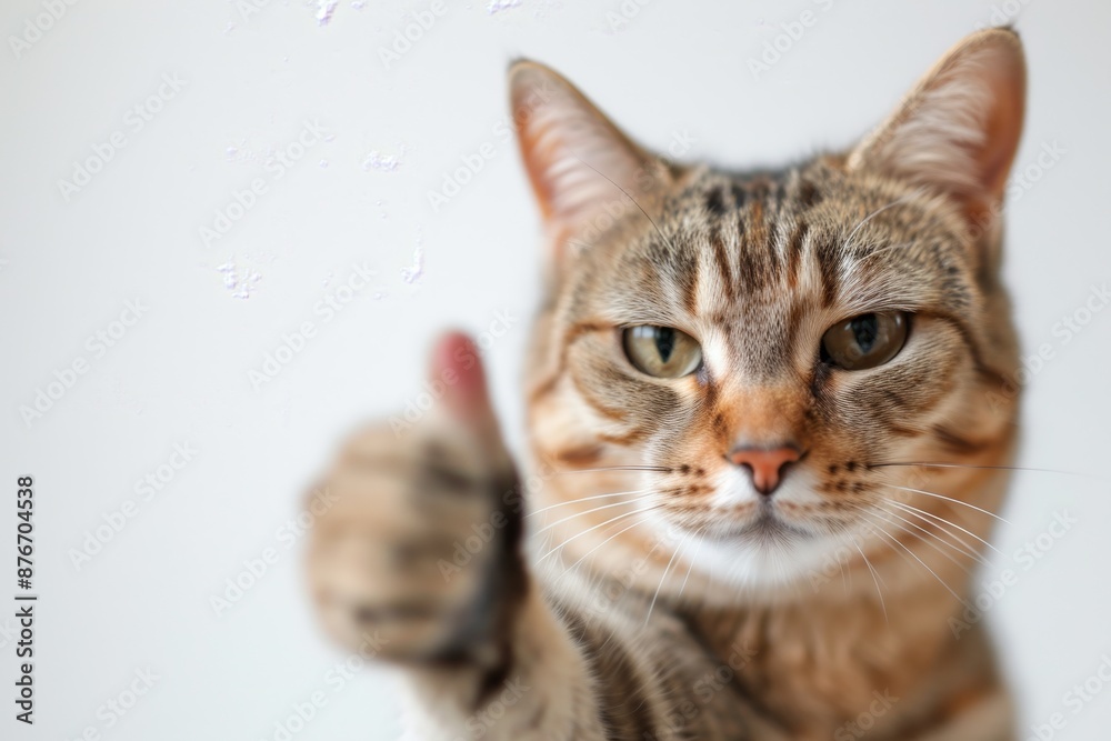 Obraz premium Cute and Expressive Tabby Cat with Thumbs Up Pose, Detailed Studio Shot Isolated on White Background