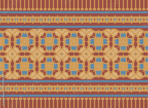Cross Stitch Embroidery. Ethnic Patterns. Native Style. Traditional Design for Texture, Textile, Fabric, Clothing, Knitwear, Print. Geometric Pixel Horizontal.