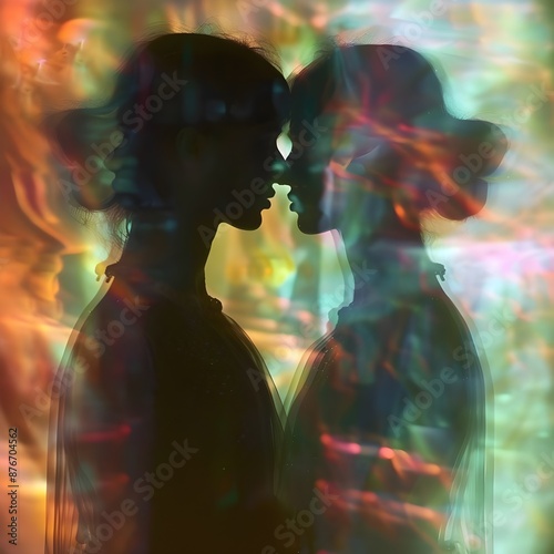 20h TwinGlow Dual figures, ethereal light. MirrorMystique Soft focus, neon shadows. photo