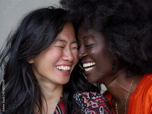 A close-up photo bursting with vibrant energy. An Asian woman with long, flowing black hair and a mischievous glint in her eyes leans in to whisper a joke to her friend, a Black woman with a stylish