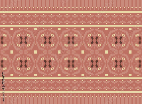 Cross Stitch Embroidery. Ethnic Patterns. Native Style. Traditional Design for Texture, Textile, Fabric, Clothing, Knitwear, Print. Geometric Pixel Horizontal.