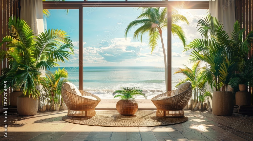 Fototapeta premium Background featuring a sunny beach resort with modern architecture, designed for relaxation and outdoor enjoyment.