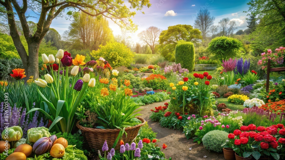 Obraz premium Lush spring garden with colorful flowers and vegetables , lush, spring, garden, flowers, vegetables, blooming, colorful, nature