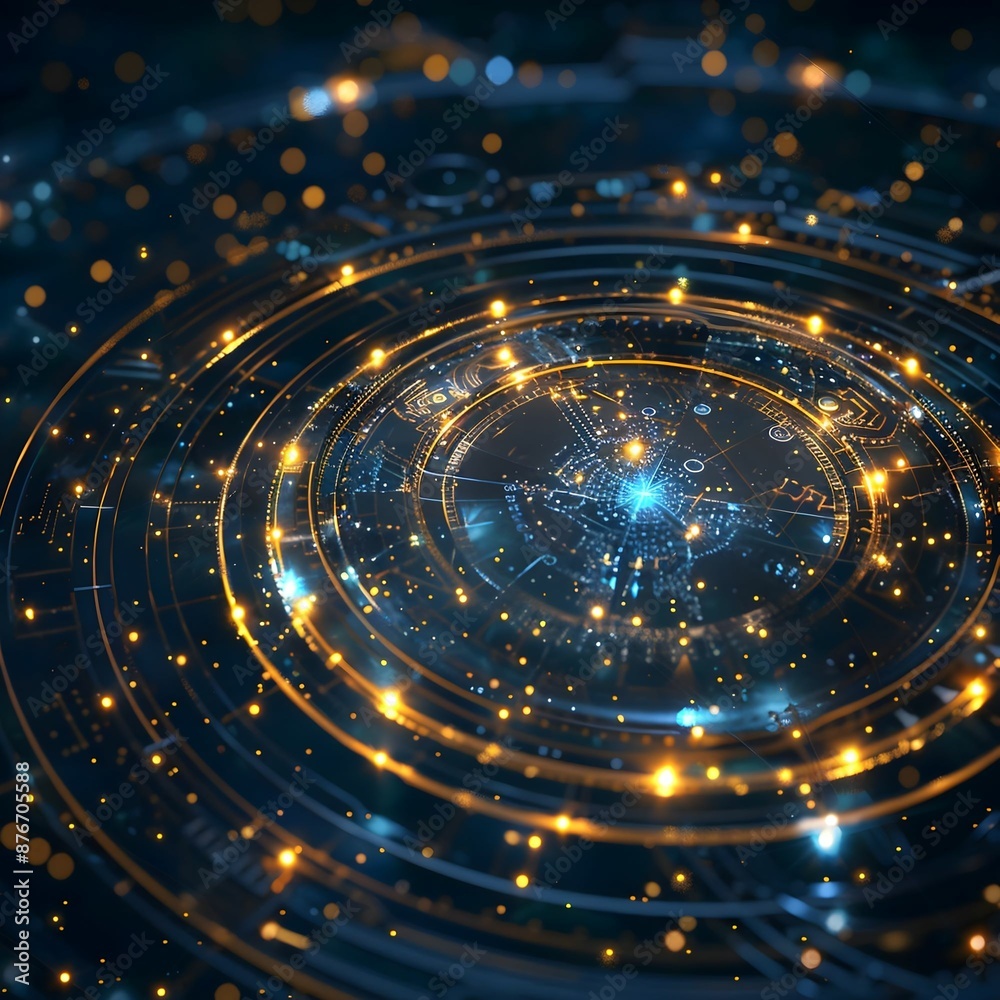 futuristic style concentric circles and glowing lights representing a digital network. futuristic style concentric circles and glowing lights representing a digital network.