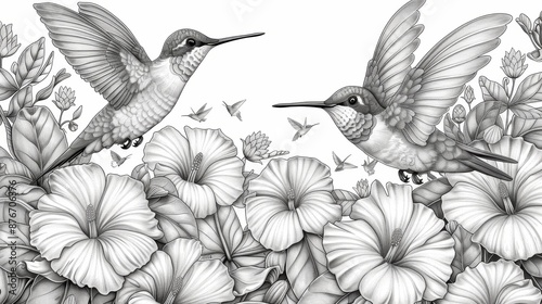 Wallpaper Mural A whimsical coloring book scene of a flock of hummingbirds hovering around a garden of exotic flowers, with detailed line work on each bird and flower petal. Torontodigital.ca