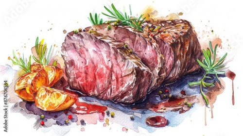 Beef roast in red wine jus, culinary illustration, watercolor technique, natural colors, isolated on white background