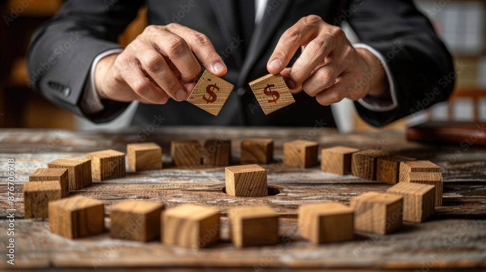 Businessman Driving Financial Growth - Modern Office Concept with Wooden Blocks, Arrow, and Dollar Sign Businessman Driving Financial Growth - Modern Office Concept with Wooden Blocks, Arrow, and Dollar Sign