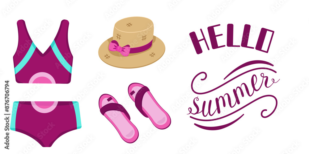 Vector set of clothes and accessories for the beach and seaside holidays. Summer beach fashion. Color illustration of a swimsuit, raffia bag and hat. Vector set of clothes and accessories for the beach and seaside holidays. Summer beach fashion. Color illustration of a swimsuit, raffia bag and hat.