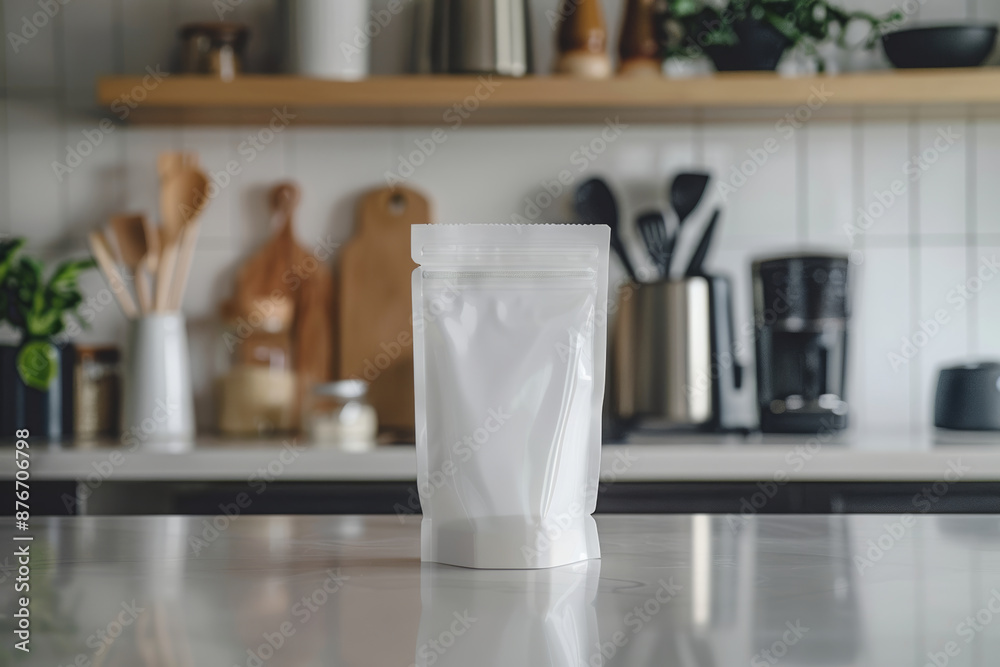 White stand up Pouch on kitchen counter, mock-up for branding and packaging design of coffee or other products, close up, blurred background with modern interior, clean and simple design. White stand up Pouch on kitchen counter, mock-up for branding and packaging design of coffee or other products, close up, blurred background with modern interior, clean and simple design.