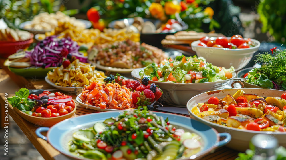 A table piled with various dishes, including salads, pasta, and snacks. A colorful spread of food. A table piled with various dishes, including salads, pasta, and snacks. A colorful spread of food.