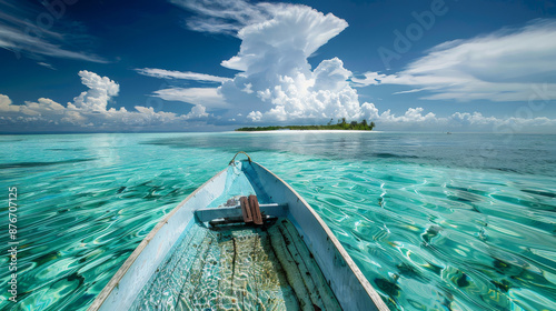A boat floats on crystal-clear water, surrounded by a sandbank and distant island. The sky is blue with clouds, and the water is so clear that you can see the ocean floor.
