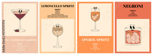 Groovy characters of popular alcoholic cocktails. Retro poster set with funky beverages and its ingredients. Vector psychedelic illustration in 70s, 80s style