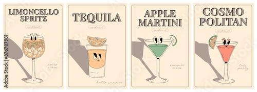 Groovy character beverages. Retro summer poster set with popular alcoholic cocktail apple martini, limoncello spritz, tequila, cosmopolitan. Vintage vector illustration in 70s, 80s style