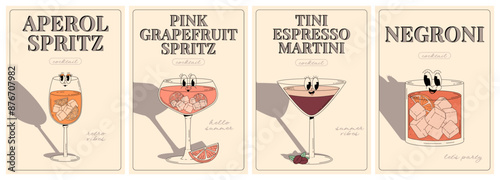 Groovy character beverages. Retro summer poster set with popular alcoholic cocktail aperol spritz, pink grapefruit spritz, tiny espresso, martini,negroni. Vintage vector psychedelic illustration