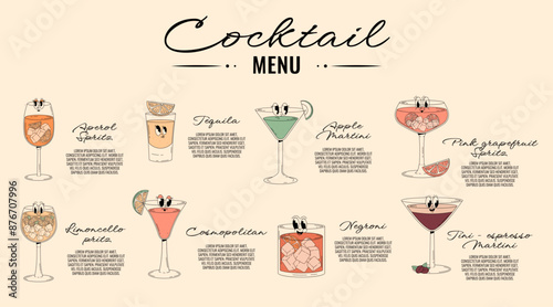 Retro groovy characters summer cocktails. Menu with cute alcohol beverage aperol spritz, negroni, tequila, cosmopolitan and other. Vector psychedelic illustration for bar, pub, club