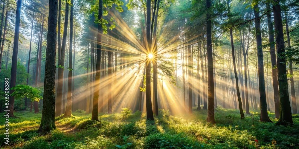 Obraz premium Sun rays shining through the dense forest trees creating a magical and ethereal atmosphere, sunlight, woods, trees